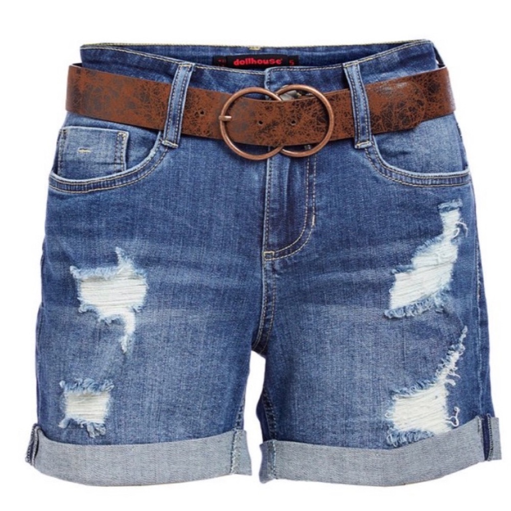 22W NWOT Medium wash Dollhouse belted distressed shorts